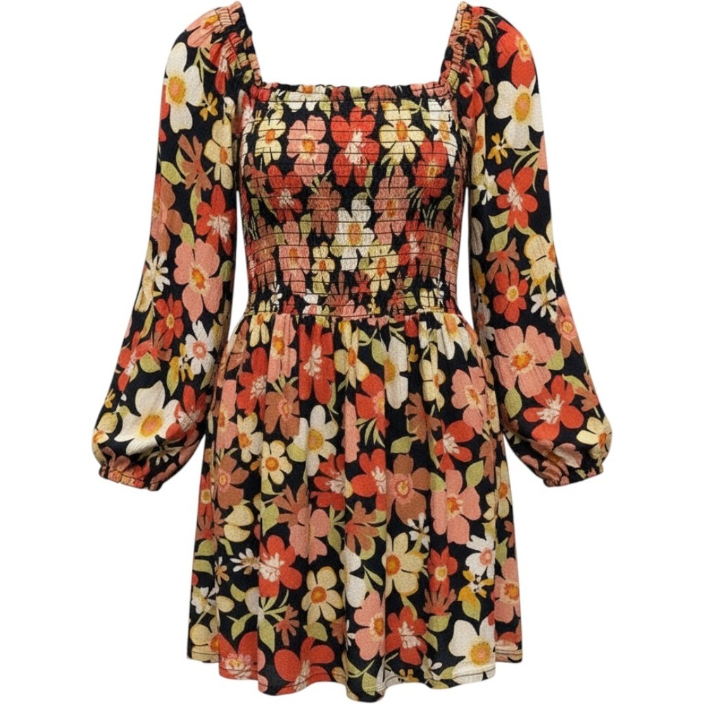 Billabong Floral Smocked Mini Dress Women Size Small Casual Beachy Boho